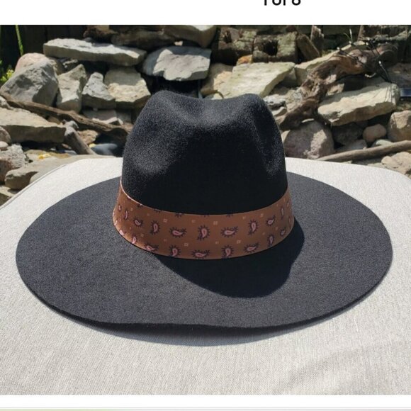 Black BOHO Wide Brim Fedora adjustable One Size Hat with Scarf Band - Picture 5 of 5